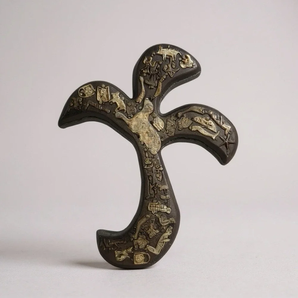 Mexican Folk Art Wall Hanging‎ Milagros Brown Wood Cross Gold Prayer Charms 9.5